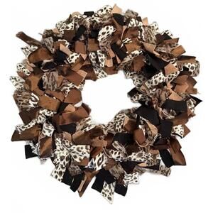 New 14" Shabby Chic Rag Fabric Wreath Animal Print Brown  Cottage Home Decor